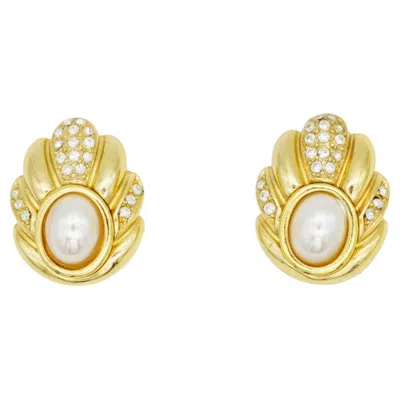 Pre-owned Dior Christian  1980s Vintage White Pearl Oval Crystals Flower Pierced Earrings