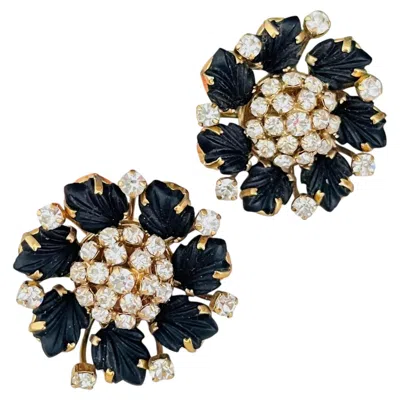 Pre-owned Dior Christian  1992 Haute Couture Iconic Rare Black Crystals Gold Earrings