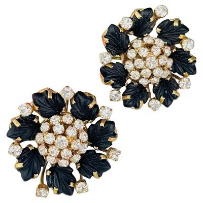 Pre-owned Dior Christian  1992 Vintage Vivid Crystals Black Blossom Flower Leaf Earrings