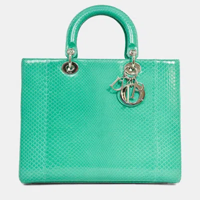 Pre-owned Dior Christian  2014 Teal Patent Python Large Lady  Top Handle With Strap In Blue