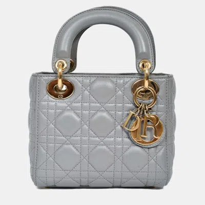 Pre-owned Dior Christian  2015 Grey Leather Cannage Mini Lady  With Strap In Gray