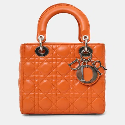 Pre-owned Dior Christian  2016 Orange Leather Cannage Small Lady  With Strap