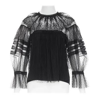 Pre-owned Dior Christian  2017 Sheer Polka Dot Smocked Lace Tiered Victorian Top Fr34 Xs In Black