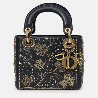 Pre-owned Dior Christian  2018 Black Leather Gold 'clovers' Embroidered Mini Lady