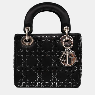 Pre-owned Dior Christian  2018 Black Satin Crystal Embellished Mini Lady  With Strap