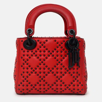 Pre-owned Dior Christian  2018 Red Studded Lambskin Cannage Supple Mini Lady