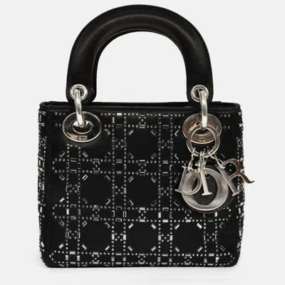 Pre-owned Dior Christian  2019 Black Satin Crystal Embellished Mini Lady  With Strap