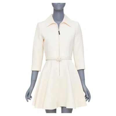 Pre-owned Dior Christian  2019 Ivory Wool Silk Zip Front Belted Flared Mini Dress Fr36 S In White