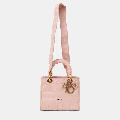 Pre-owned Dior Christian  2020 Pink Cannage Embroidered Canvas Medium Lady D-lite With Strap