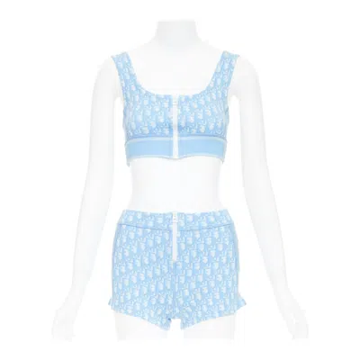 Pre-owned Dior Christian  2021 Blue White Oblique Monogram Zip Crop Top Shorts Set Fr34 Xs