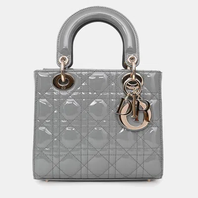 Pre-owned Dior Christian  2021 Grey Patent Leather Small Lady  Top Handle With Strap In Gray