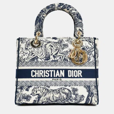 Pre-owned Dior Christian  2022 Navy/white Jacquard D-lite Medium Top Handle With Strap In Multi
