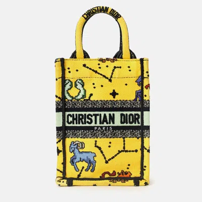 Pre-owned Dior Christian  2022 Yellow Canvas Embroidered Pixel Zodiac Mini Book Tote Phone Bag With Strap