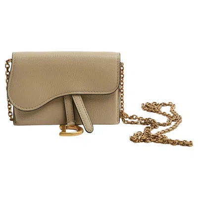 Pre-owned Dior Christian  2023 Saddle Mini Pochette Beige Leather Wallet On Chain Or Belt In Brown