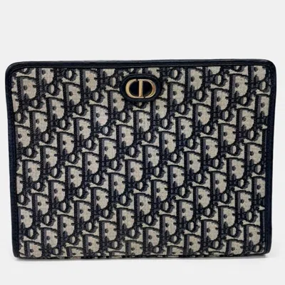 Pre-owned Dior Christian  30 Montaigne Oblique Beige Navy Blue Oblique Canvas Pouch Bag