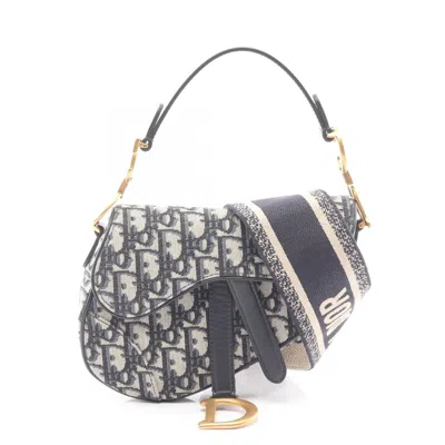 Pre-owned Dior Christian  Beige Black Navy Canvas Leather Handbag Saddle Bag ()