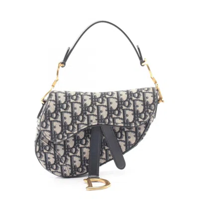 Pre-owned Dior Christian  Beige Black Navy Canvas Leather Handbag Saddle Bag ()