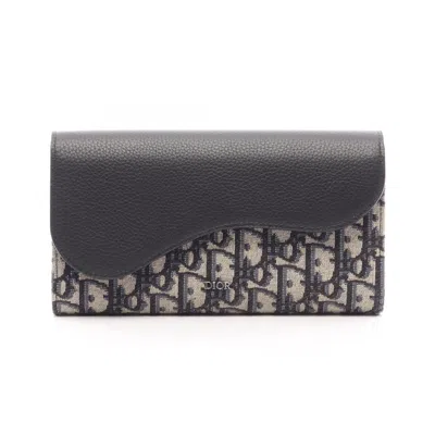 Pre-owned Dior Christian  Beige Black Navy Canvas Leather Long Wallet (bi-fold) ()