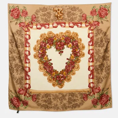 Pre-owned Dior Christian  Beige Bow Print Silk Scarf