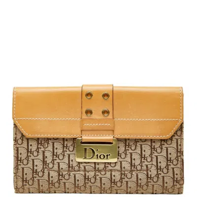 Pre-owned Dior Christian  Beige Brown Canvas Leather Long Wallet (bi-fold) () In Multi