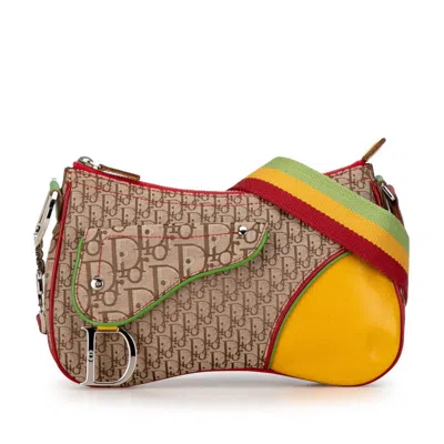 Pre-owned Dior Christian  Beige Brown Yellow Canvas Leather Handbag Pochette Pouch Shoulder Bag () In Beige, Brown, Yellow