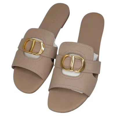 Pre-owned Dior Christian  Beige Calfskin 30 Montaigne Flat Slides Size 42 In Brown