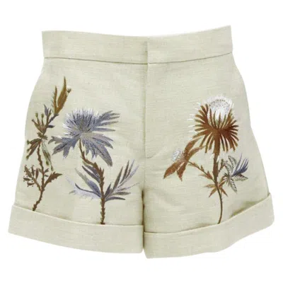 Pre-owned Dior Christian  Beige Cotton Linen Dandelion Floral Embroidery Cuffed Shorts Fr38 In Brown