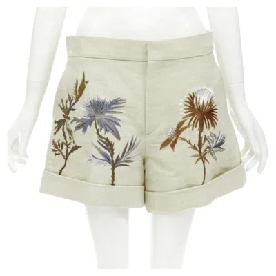 Pre-owned Dior Christian  Beige Cotton Linen Dandelion Floral Embroidery Cuffed Shorts Fr38 In Brown