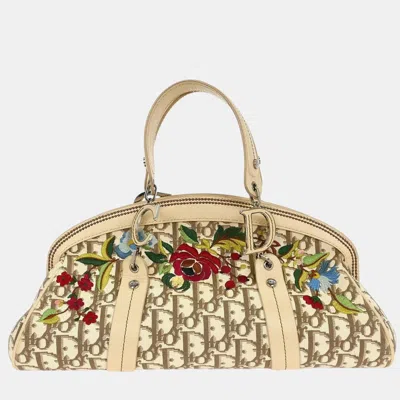 Pre-owned Dior Christian  Beige Floral Embroidered Trotter Handbag In Sand