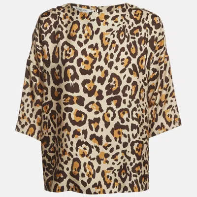 Pre-owned Dior Christian  Beige Leopard Print Silk Blouse L In Sand