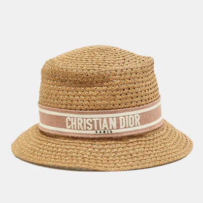Pre-owned Dior Christian  Beige Logo Embroidered Straw D-bobby Small Brim Hat Size 59