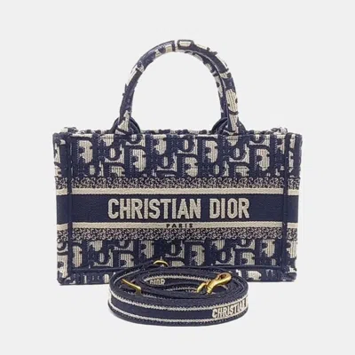 Pre-owned Dior Christian  Beige Navy Blue Fabric Book Tote Mini Shoulder Strap Bag S5573criw In Sand