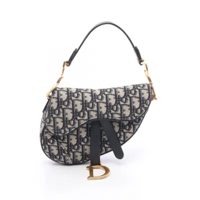 Pre-owned Dior Christian  Beige Navy Canvas Leather Handbag Saddle Bag () In Multi