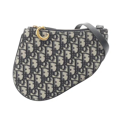 Pre-owned Dior Christian  Beige Navy Canvas Leather Saddle Bag Shoulder Bag () In Multi