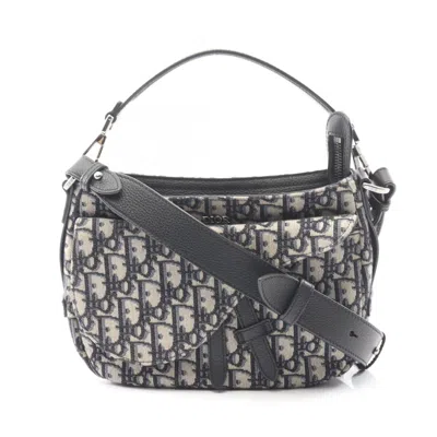 Pre-owned Dior Christian  Beige Navy Canvas Leather Saddle Bag Shoulder Bag () In Multi