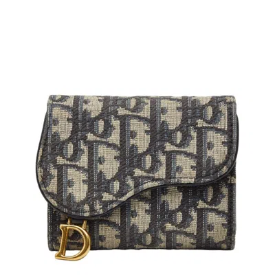Pre-owned Dior Christian  Beige Navy Canvas Leather Wallet (tri-fold) () In Multi