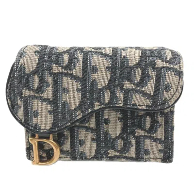 Pre-owned Dior Christian  Beige Navy Canvas Leather Wallet (tri-fold) () In Beige, Navy