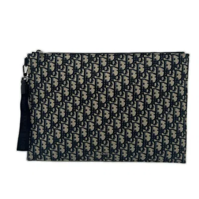 Pre-owned Dior Christian  Beige Navy Cotton Leather Clutch Bag () In Beige, Navy