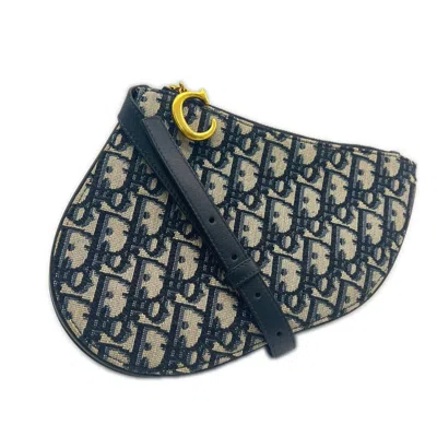 Pre-owned Dior Christian  Beige Navy Leather Canvas Pouch Shoulder Bag () In Beige, Navy