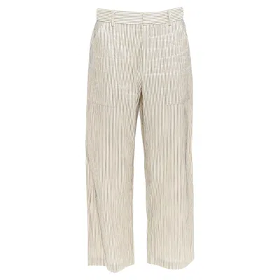 Pre-owned Dior Christian  Beige Navy Silk Cotton Striped Cropped Wide Pants Fr36 S In Blue