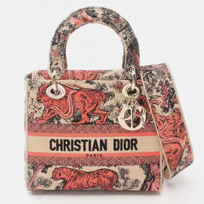 Pre-owned Dior Christian  Beige Red Canvas  Lady D-lite Medium Handbag