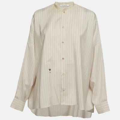 Pre-owned Dior Christian  Beige Stripe Silk Bee Logo Embroidered Oversized Shirt S