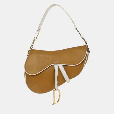 Pre-owned Dior Christian  Beige White Leather Saddle Handbag In Sand