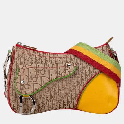 Pre-owned Dior Christian  Beige Yellow Canvas Leather  Trotter Saddle Rasta Shoulder Bag In Multicolor