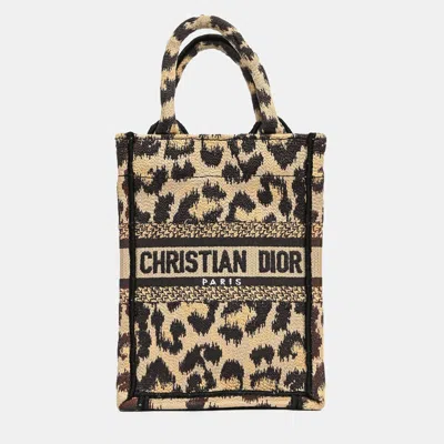 Pre-owned Dior Christian  Beige/black Leopard Canvas Mini Book Tote Phone Bag In Sand