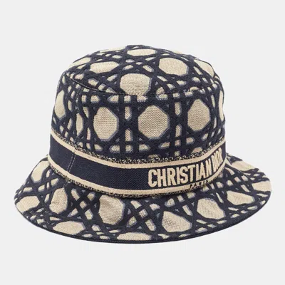Pre-owned Dior Christian  Beige/blue Macrocannage D-bobby Small Brim Bucket Hat Size 57
