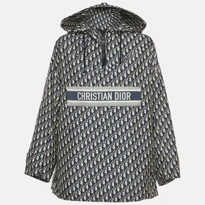 Pre-owned Dior Christian  Beige/navy Blue Oblique Jacquard Hooded Anorak Jacket Xs