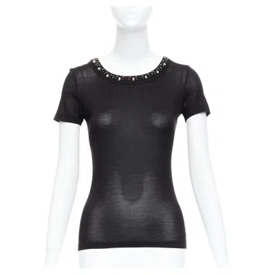 Pre-owned Dior Christian  Black 100% Silk Glass Pvc Beaded Collar Tshirt Fr36 S