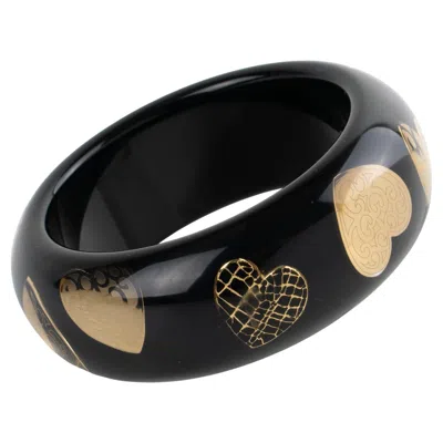 Pre-owned Dior Christian  Black Acrylic Resin Bracelet Bangle With Gilded Hearts