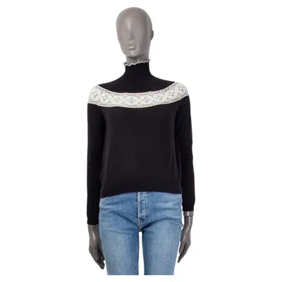Pre-owned Dior Christian  Black Cashmere & Silk 2018 Crochet Trim Mock Neck Sweater 38 S